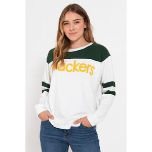 Junk Food Women's SZ M Green Bay Packets Crew Neck Sweatshirt White Gold Green